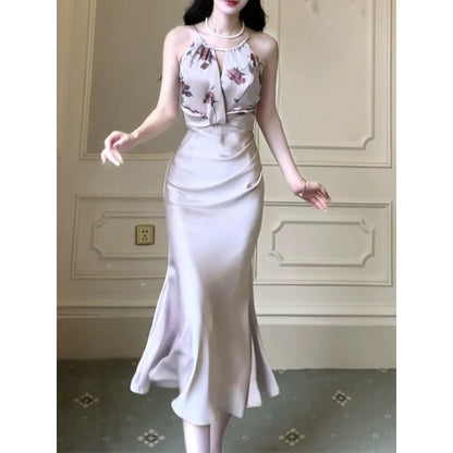 Satin Floral Contrast Mermaid Gown Dress