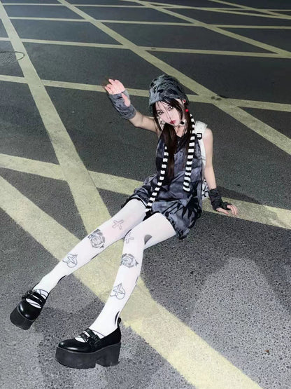 Skull Tank Dress Subculture Cyberpunk Rock Y2K E-girl Gothic Dark Dress