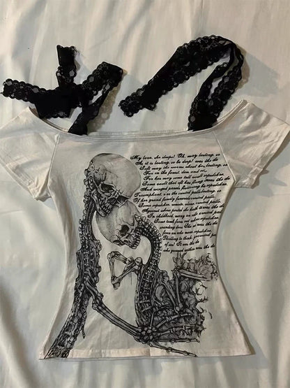 White Punk Y2K E-girl Skull Love Print Off-Shoulder Slim-Fit Short Sleeve Top