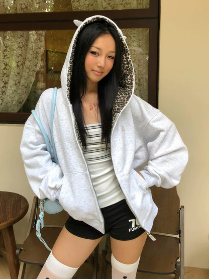 Retro Leopard Ear Hoodie Zip Up Top