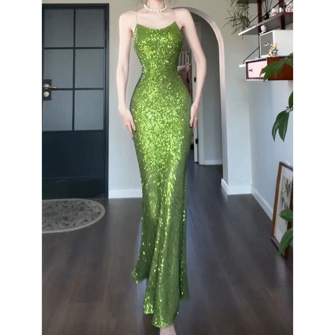 Luxury Sequin Evening Gown Spaghetti Strap Dress