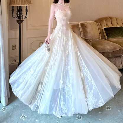 French Lace Floral Tulle Spaghetti Strap Gown Dress
