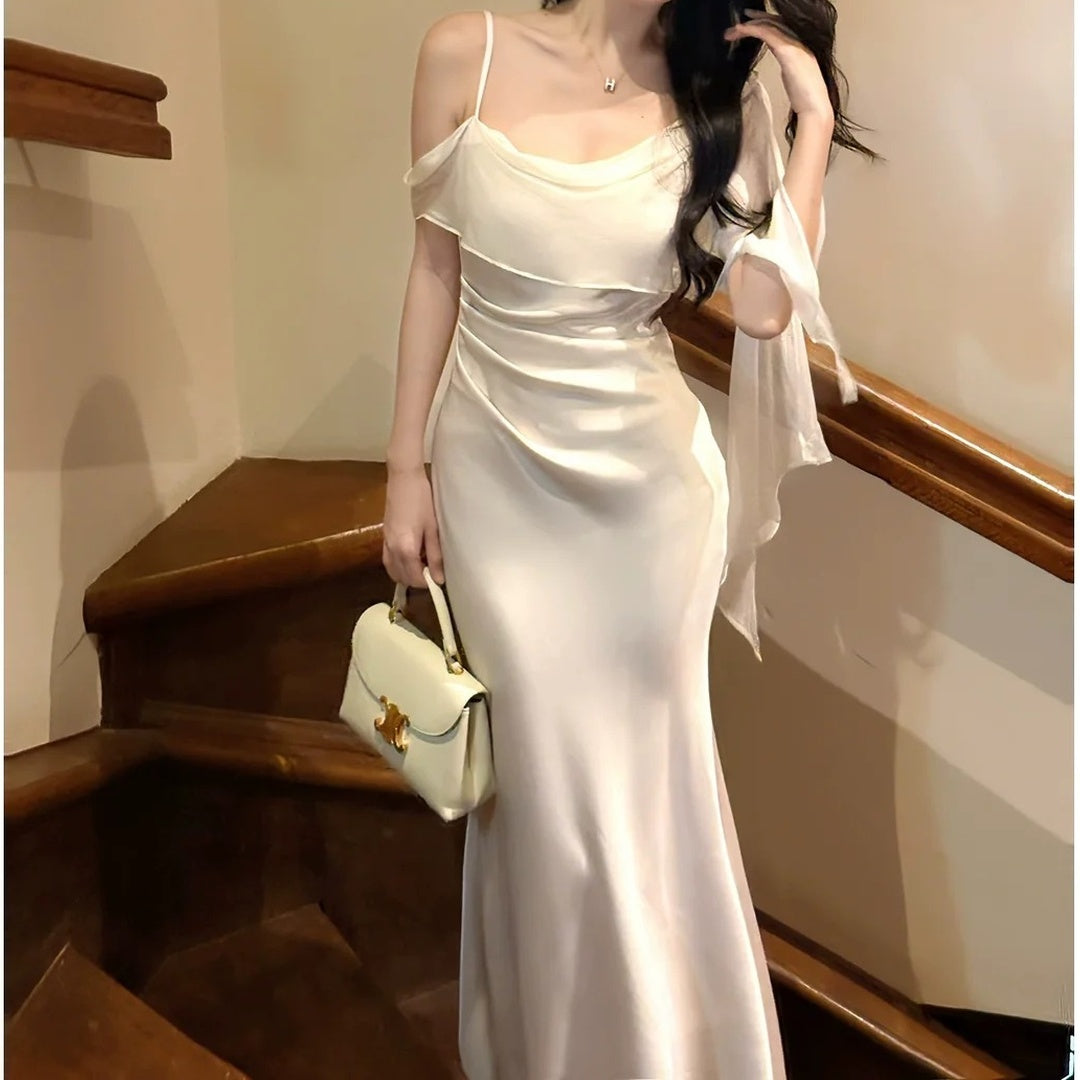 French Satin Spaghetti Strap Luxury Party Gown Dress