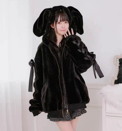 Soft Girl Bunny Ear Faux Fur Coat Y2K