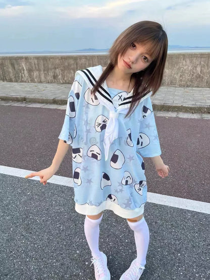 Blue (With Tie) Subculture Y2K E-girl Japanese Kawaii Navy Collar Rice Ball & Star Print Oversized Short Sleeve Top