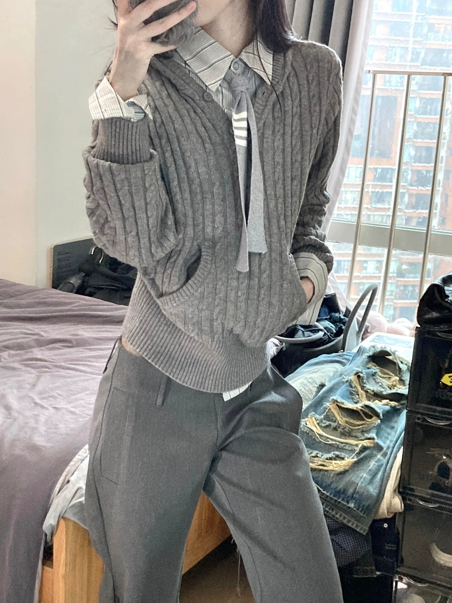 Old Money Style Cable Knit Hoodie Cropped Slim Knit Sweater