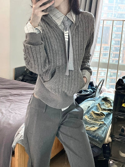 Old Money Style Cable Knit Hoodie Cropped Slim Knit Sweater