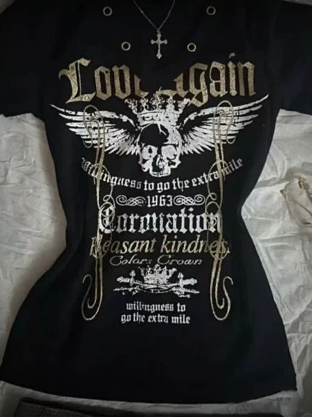 Black Subculture Rock Punk Y2K Abi E-girl American Retro Print Hooded Short Sleeve Top