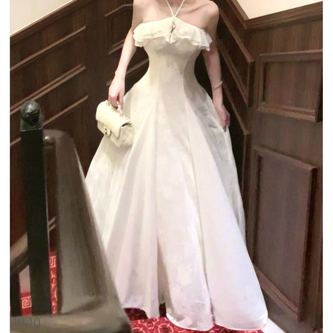 French White Halter Neck Pleated Gown Dress – Ruffled Waist Evening Dress
