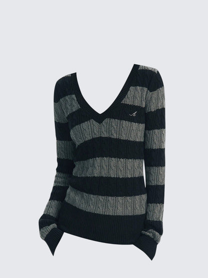 Vintage V Neck Stripe Knit Sweater
