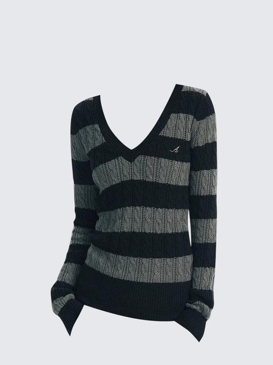 Vintage V Neck Stripe Knit Sweater