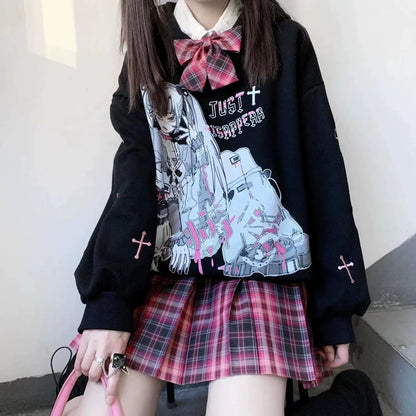 Black Y2K Japanese Anime Print Hoodie