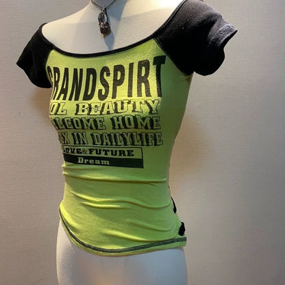 Vintage Black & Green Subculture Punk Y2K E-girl Retro Letter Print Slim Sexy Short Sleeve Top