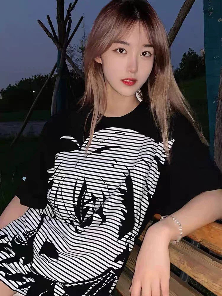 Black Tarmac Print Set Subculture Punk Y2K Japanese Anime T-shirt + Black Tiered Skirt Set