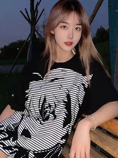 Black Tarmac Print Set Subculture Punk Y2K Japanese Anime T-shirt + Black Tiered Skirt Set