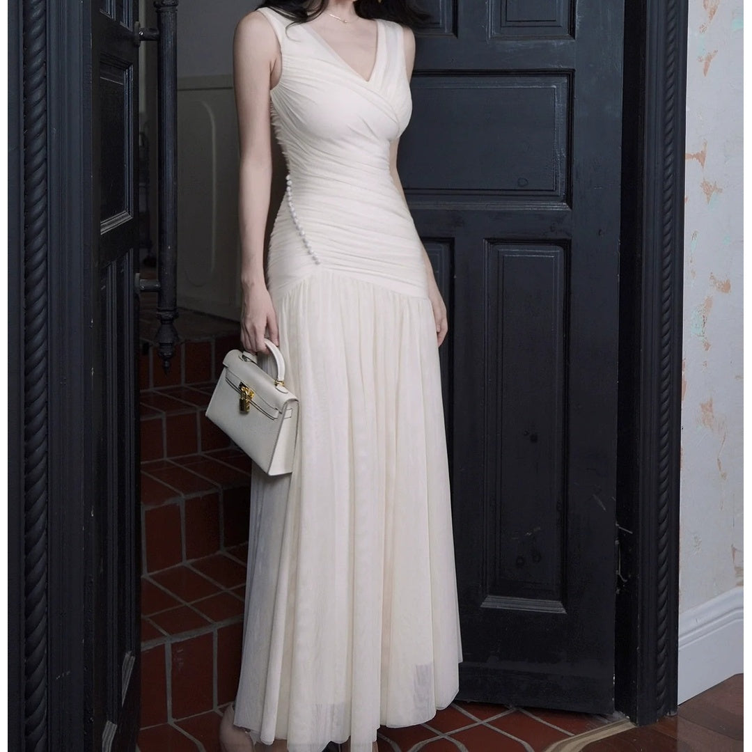 French V-Neck Asymmetrical Spaghetti Gown Dress