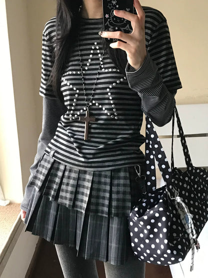 Y2K Star Rhinestone Stripe Long Sleeve Top for Autumn