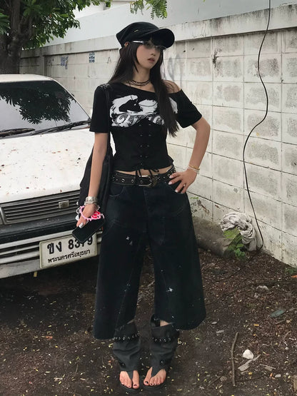 Subculture Black Off-Shoulder Tee Waist Tie Fitted Top