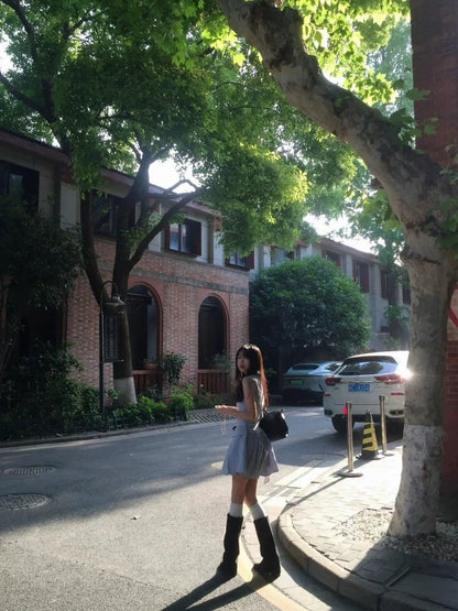 French Blue Sleeveless Tank Dress with Pleated Hem