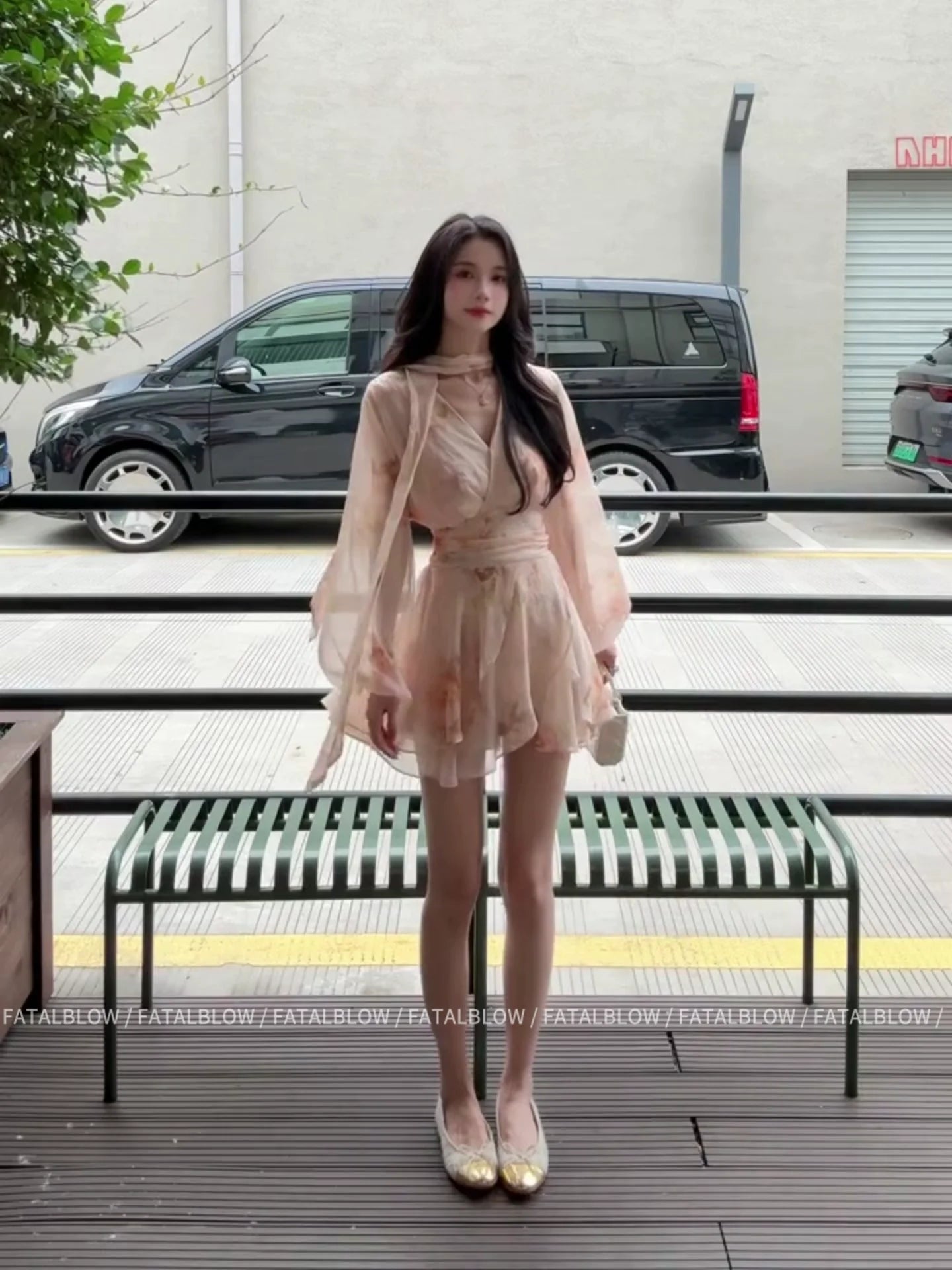 French V-Neck Sash Chiffon Long-Sleeve Waist-Cinched A-Line Mini Dress