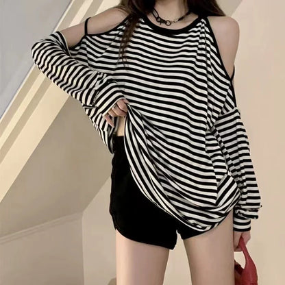 Stripe Subculture Y2K E-girl Off-Shoulder Halter Niche Oversized Long-Sleeve Top (Autumn)