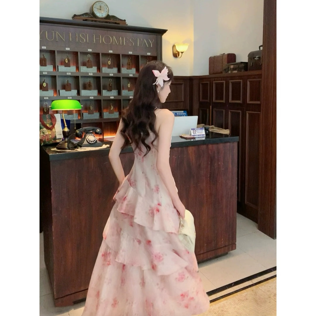 Ruffle Rose Print Spaghetti Strap Gown Dress