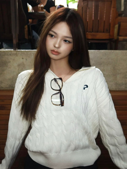 Cable Knit V Neck Loose Sweater Retro College Style Top