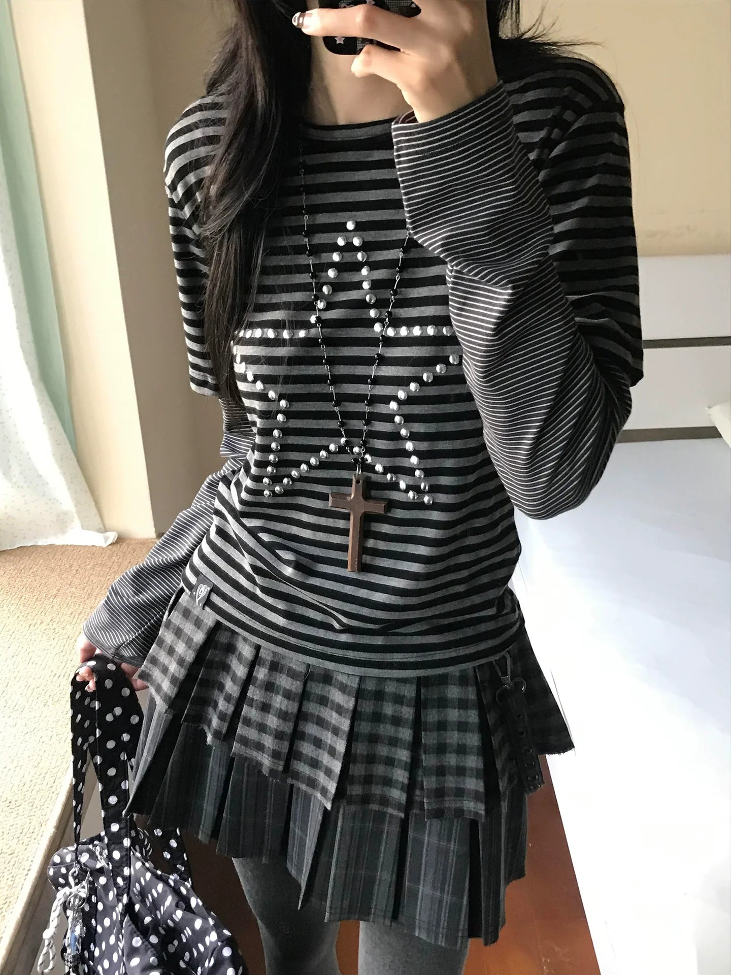Y2K Star Rhinestone Stripe Long Sleeve Top for Autumn