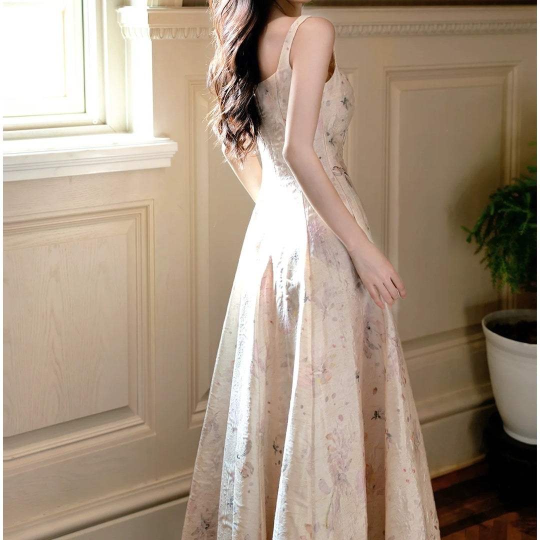 French Princess Floral Square Neck Spaghetti Strap Gown Dress