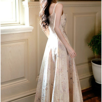 French Princess Floral Square Neck Spaghetti Strap Gown Dress