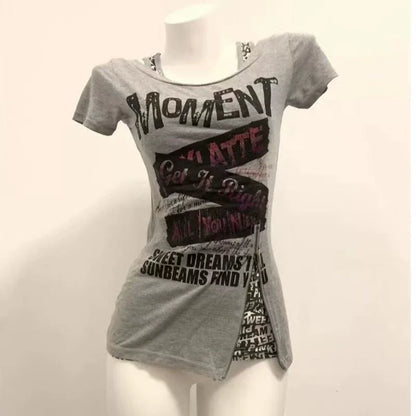 Gray Punk American Vintage Fake Two-Piece Print Y2K T-Shirt