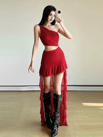 Bold Trendy Niche Off-The-Shoulder Cutout Waist Slimming Asymmetrical Dress