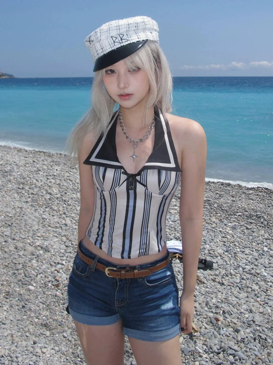 Striped Halter Neck Bustier Top