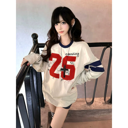 Retro Color Block Embroidered Graffiti Long Sleeve Top Loose Fit