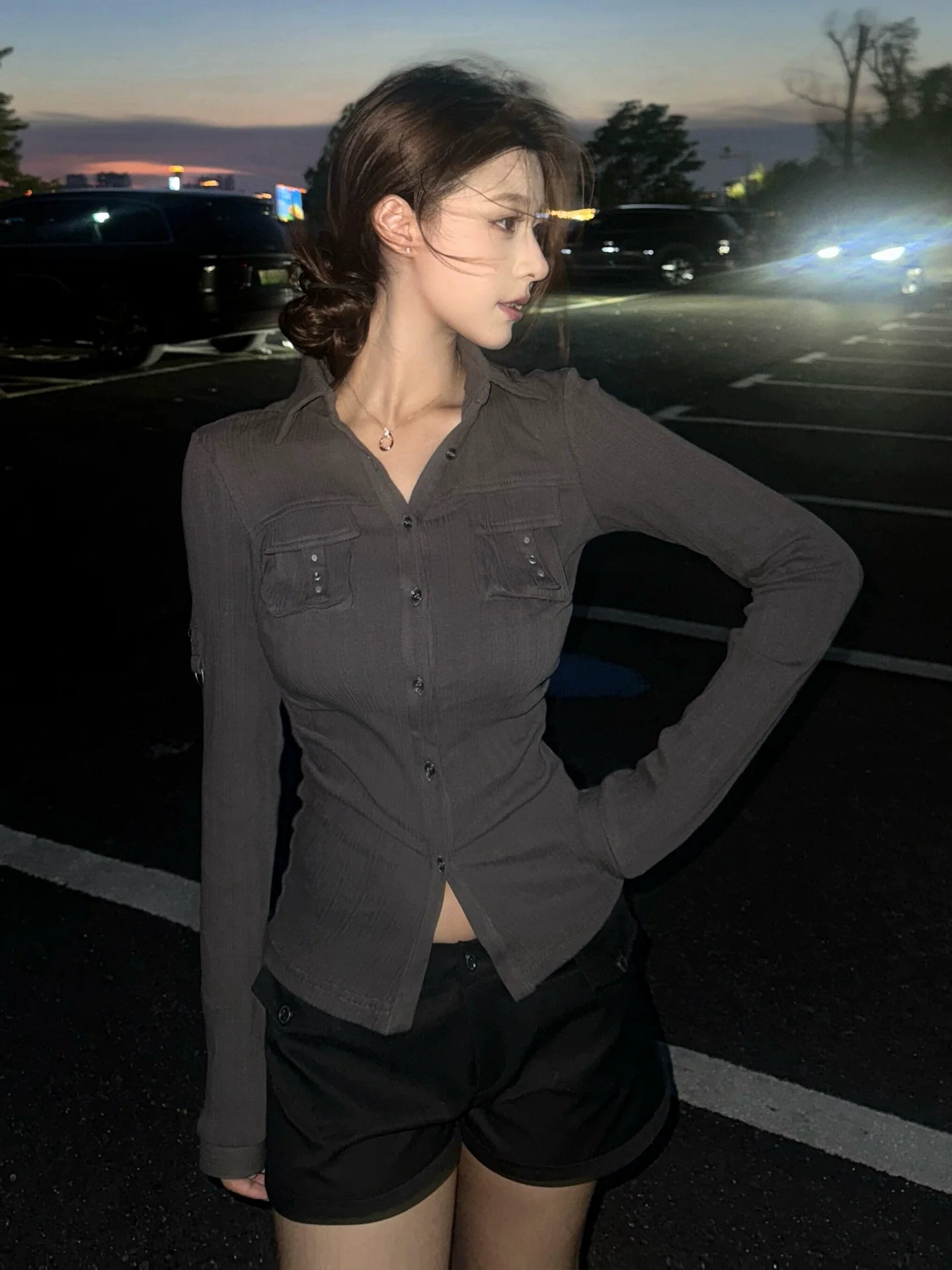 Korean Striped Slim Fit Shirt Early Autumn Stretch Waist Design Long Sleeve Top