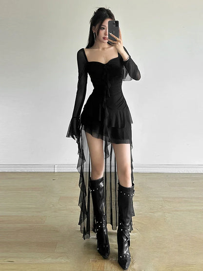 Sweet & Edgy Retro Flowing Square-Neck Tulle Ruched Cinched Waist Asymmetrical Dress
