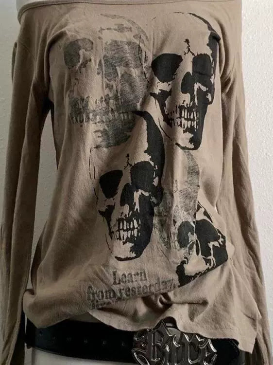 Brown Vintage Skull Off-The-Shoulder Fitted Y2K T-Shirt