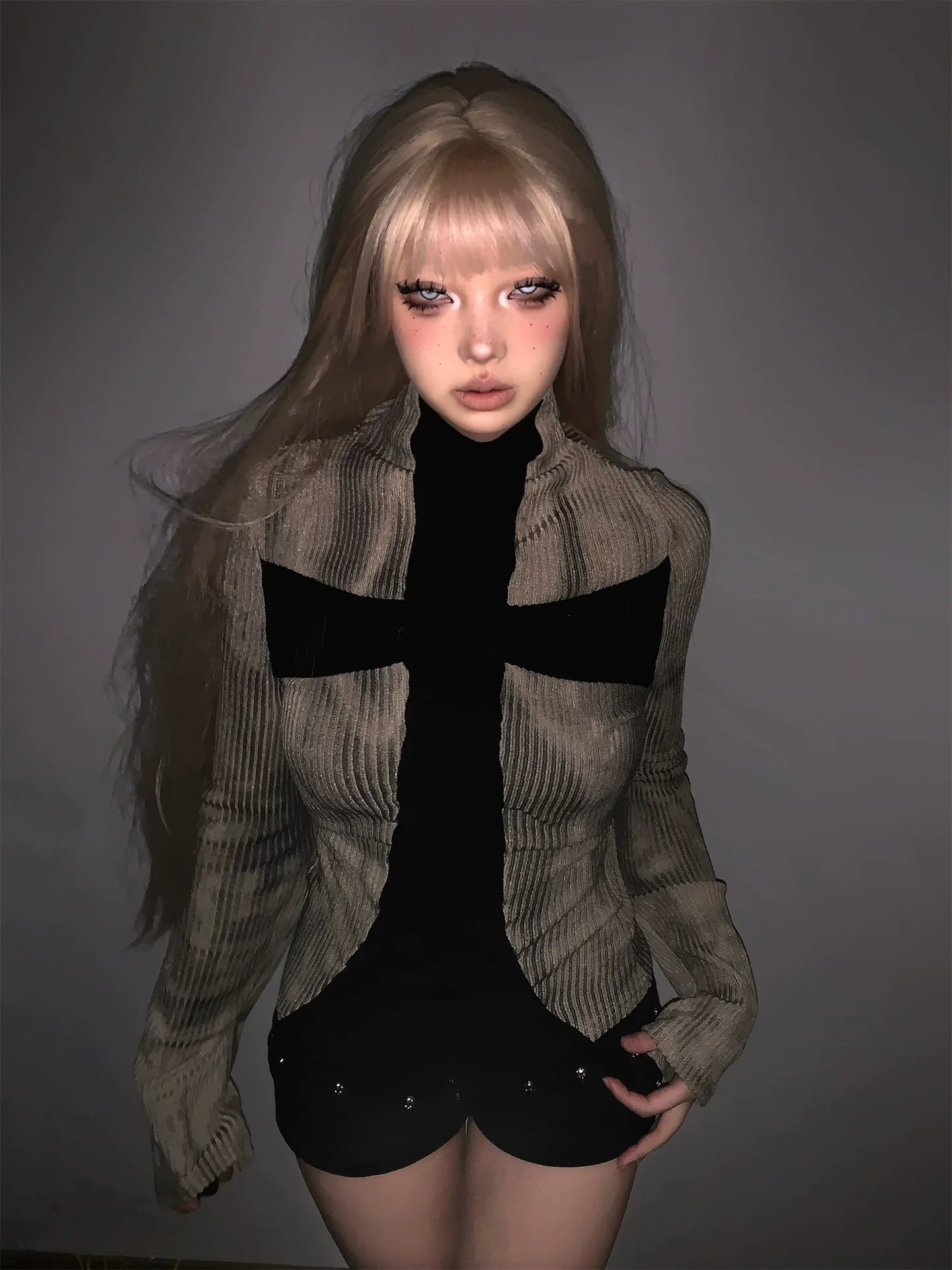 Y2K Subculture Cross Knit Long Sleeve Top  Gothic Slim Fit Punk Visual Kei Shirt