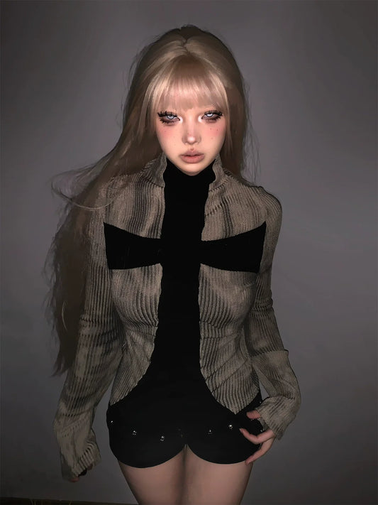 Y2K Subculture Cross Knit Long Sleeve Top  Gothic Slim Fit Punk Visual Kei Shirt