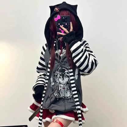 Black & Gray Demon Hoodie Jacket [Spring-Autumn] Subculture Punk Y2K E-girl Cat-Ear Stripe Demon-Print Oversized Zipper Jacket