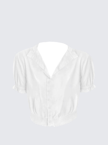 French White Puff Sleeve Crop Shirt