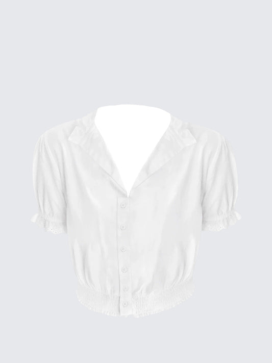 French White Puff Sleeve Crop Shirt