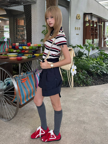 Striped Knitted Short Sleeve Polo Top Slim Fit