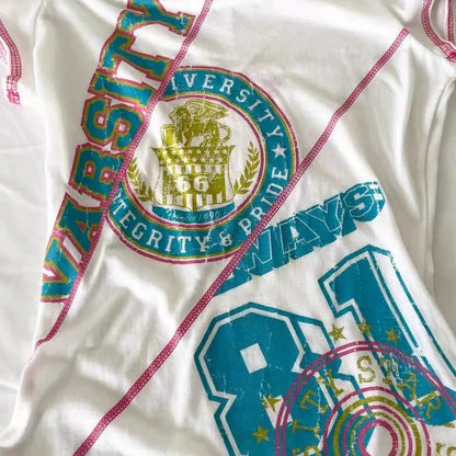 White Off-The-Shoulder Vintage Print Light Subculture Y2K T-Shirt