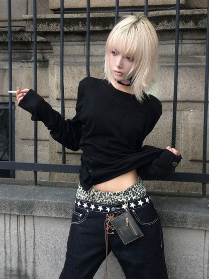 Y2K Subculture Black Long Sleeve Tee Fitted Layered Visual Kei Top