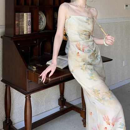 Ink Wash Halter Slit Cheongsam Gown Dress