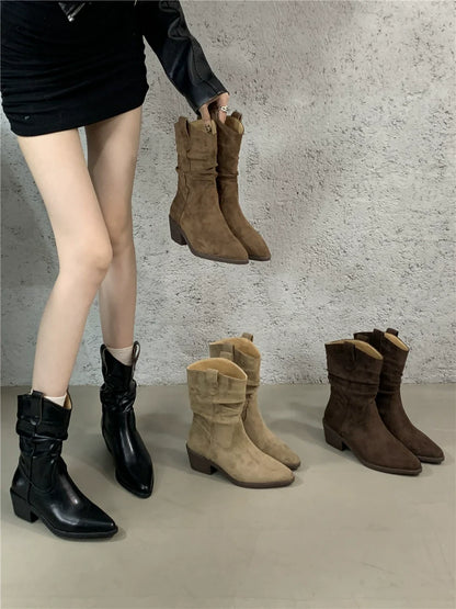 Pointed Toe Fashion Short Boots Women Fall Winter New Slouchy Chunky Heel Elevated Mid Calf Suede Western Boots
