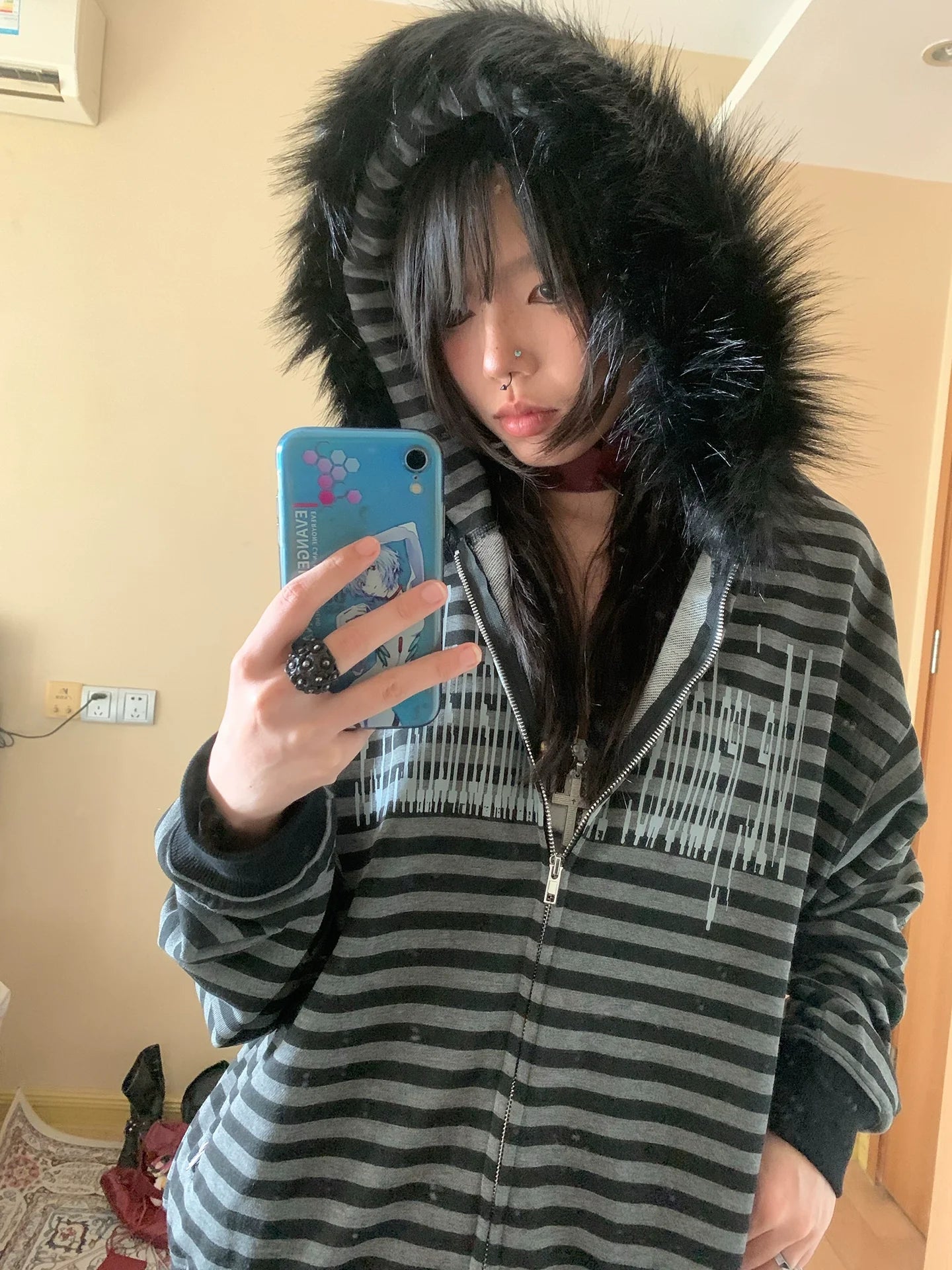 Y2K Faux Fur Collar Stripe Hoodie for Autumn Winter