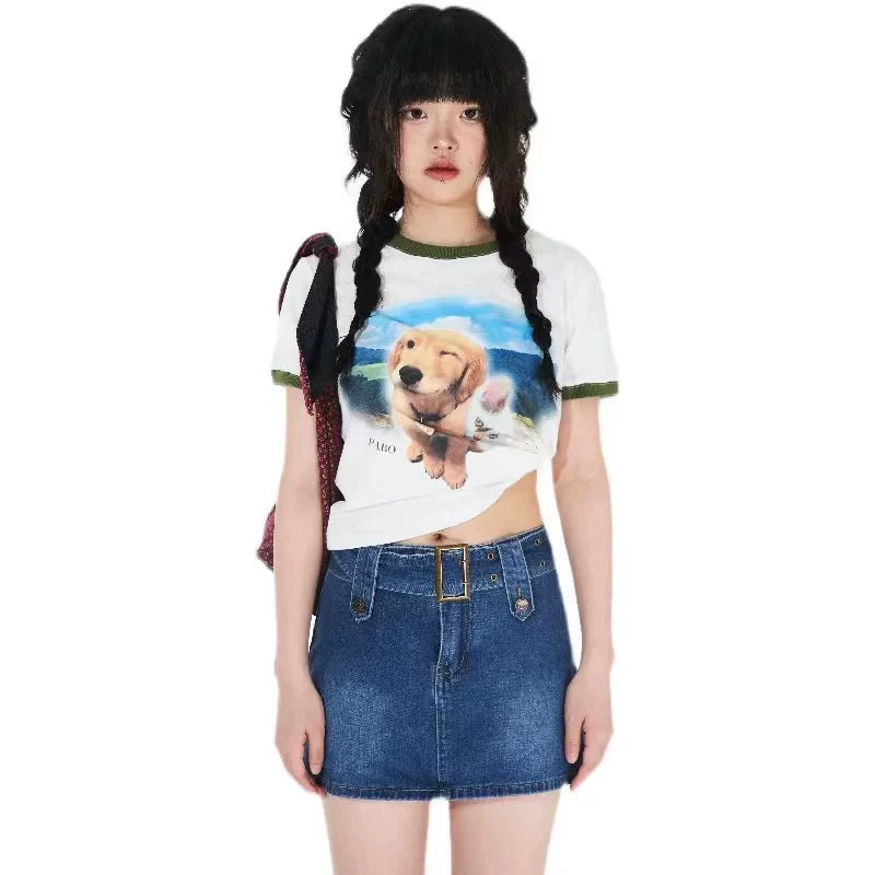 Milky White Subculture Y2K Soft Girl Puppy & Cat Print Short Top