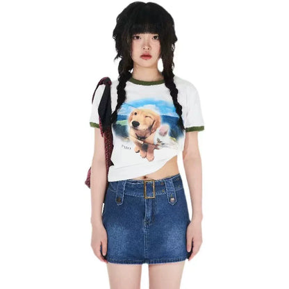 Milky White Subculture Y2K Soft Girl Puppy & Cat Print Short Top